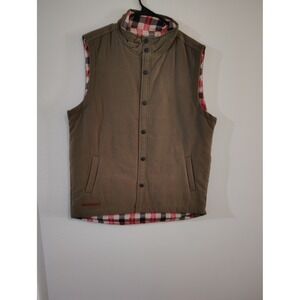 Simply Southern Mens Large Olive Green Quilted Snap Front Vest Plaid Lined